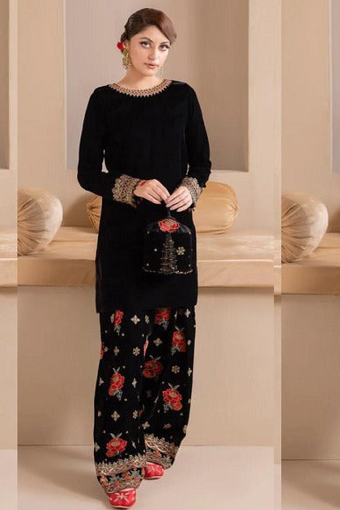 SM0002 Embroidered Winter Velvet Dress With Organza embroidered Dupatta