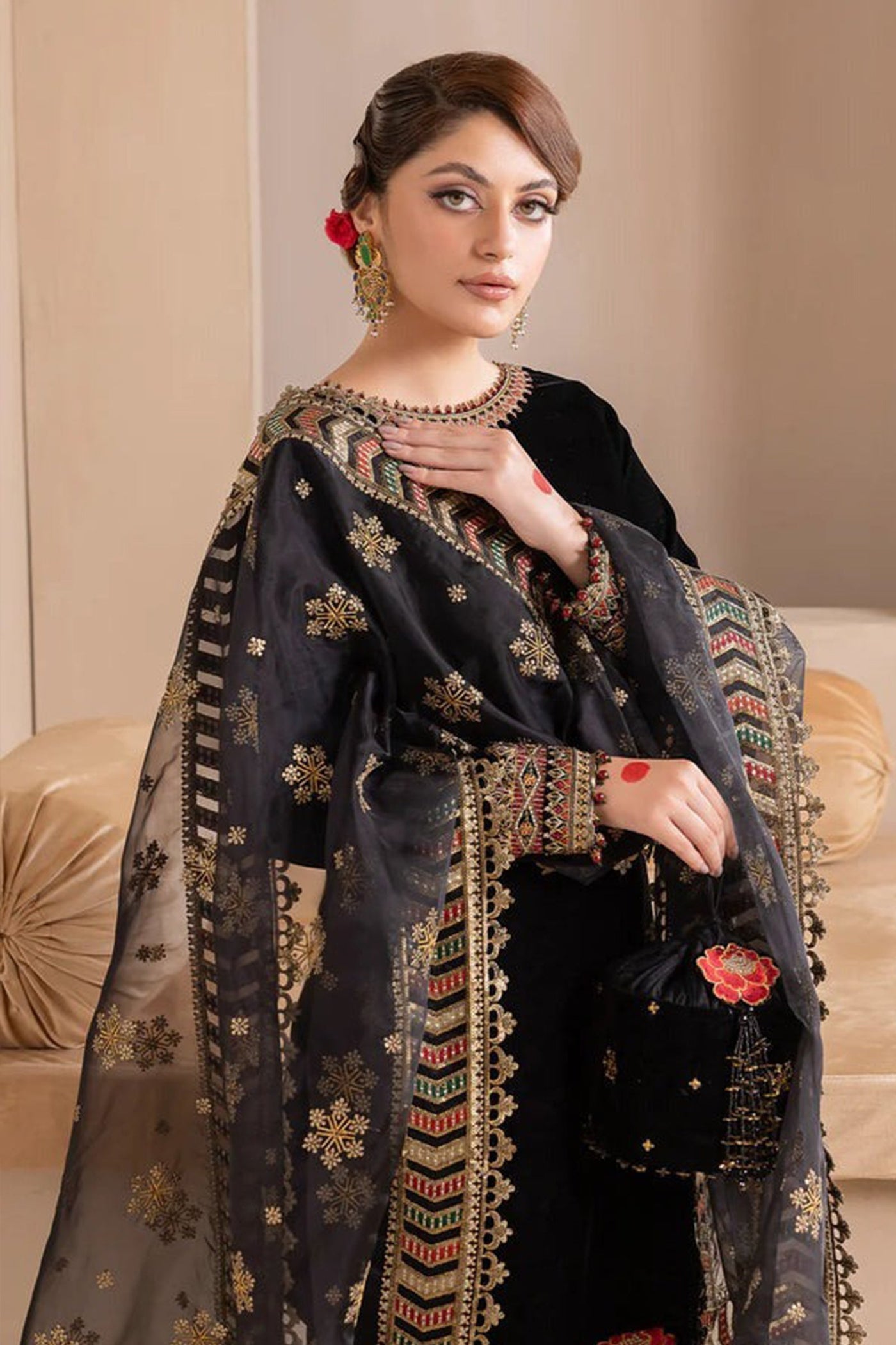 SM0002 Embroidered Winter Velvet Dress With Organza embroidered Dupatta