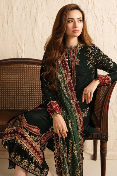 QN1102- Jazmin Velvet Winter Embroidered 3 Piece Dress With Organza Printed Dopata