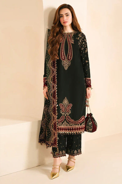 QN1102- Jazmin Velvet Winter Embroidered 3 Piece Dress With Organza Printed Dopata