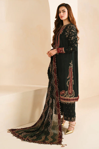 QN1102- Jazmin Velvet Winter Embroidered 3 Piece Dress With Organza Printed Dopata