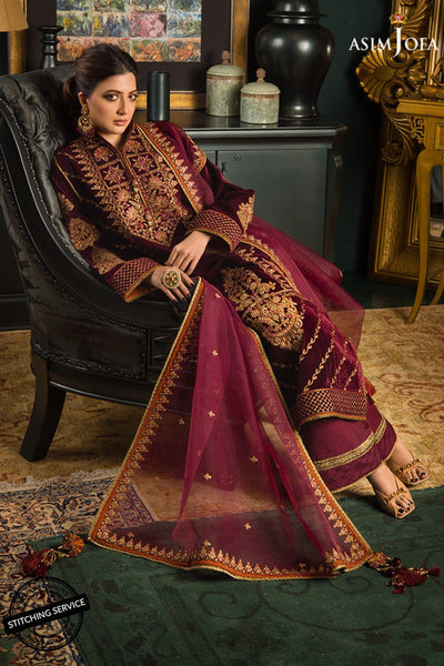 QN1113Winter Embroidered Velvet Dress With Organza embroidered Dopata