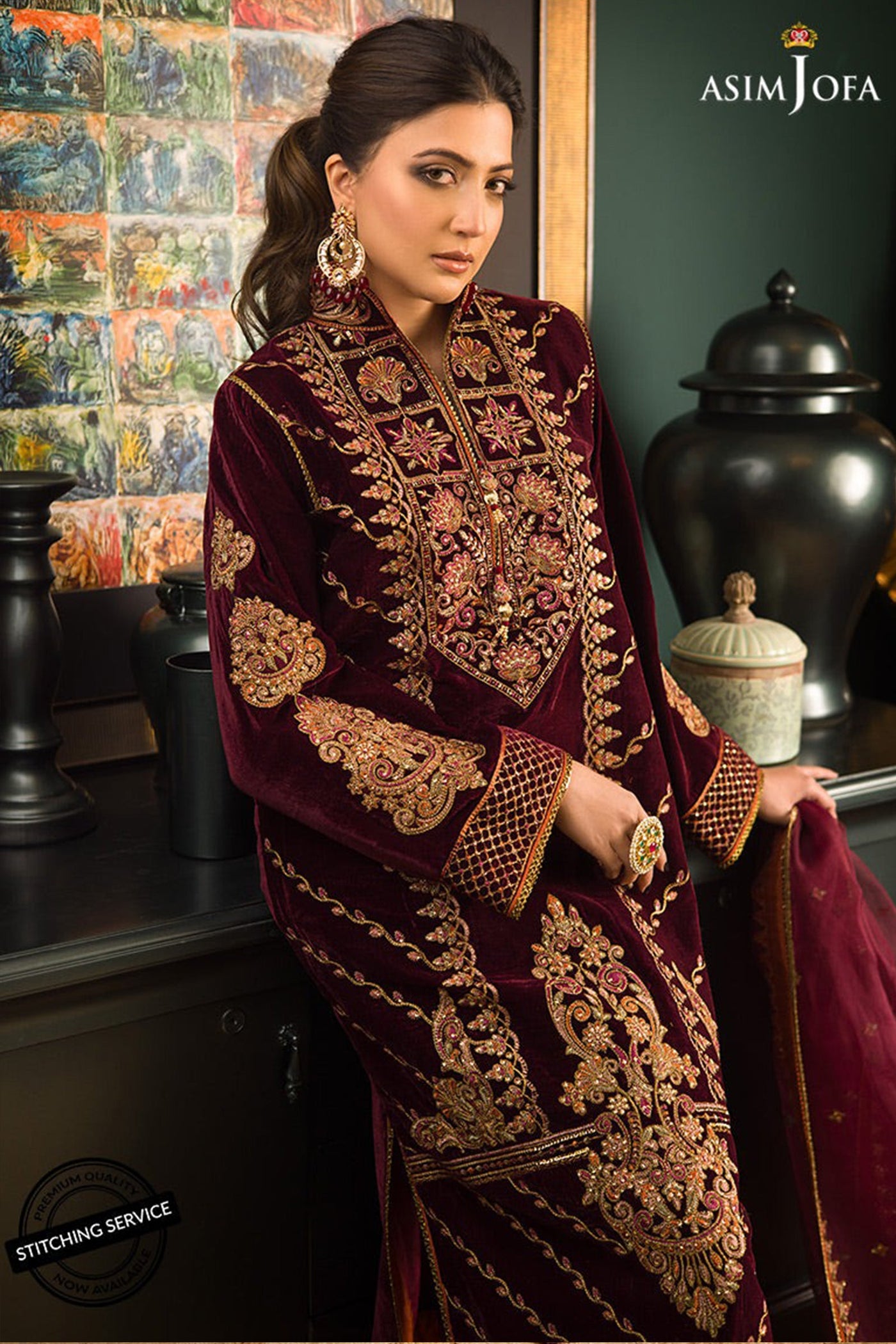 QN1113Winter Embroidered Velvet Dress With Organza embroidered Dopata
