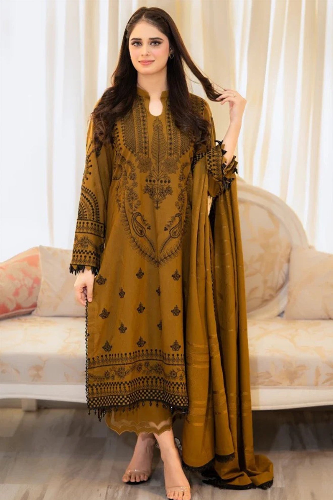 QN1110-LIBAAS WINTER 3-Pc Embroidered Dhanak Suit with Heavy Embroidered Dhanak Shawll