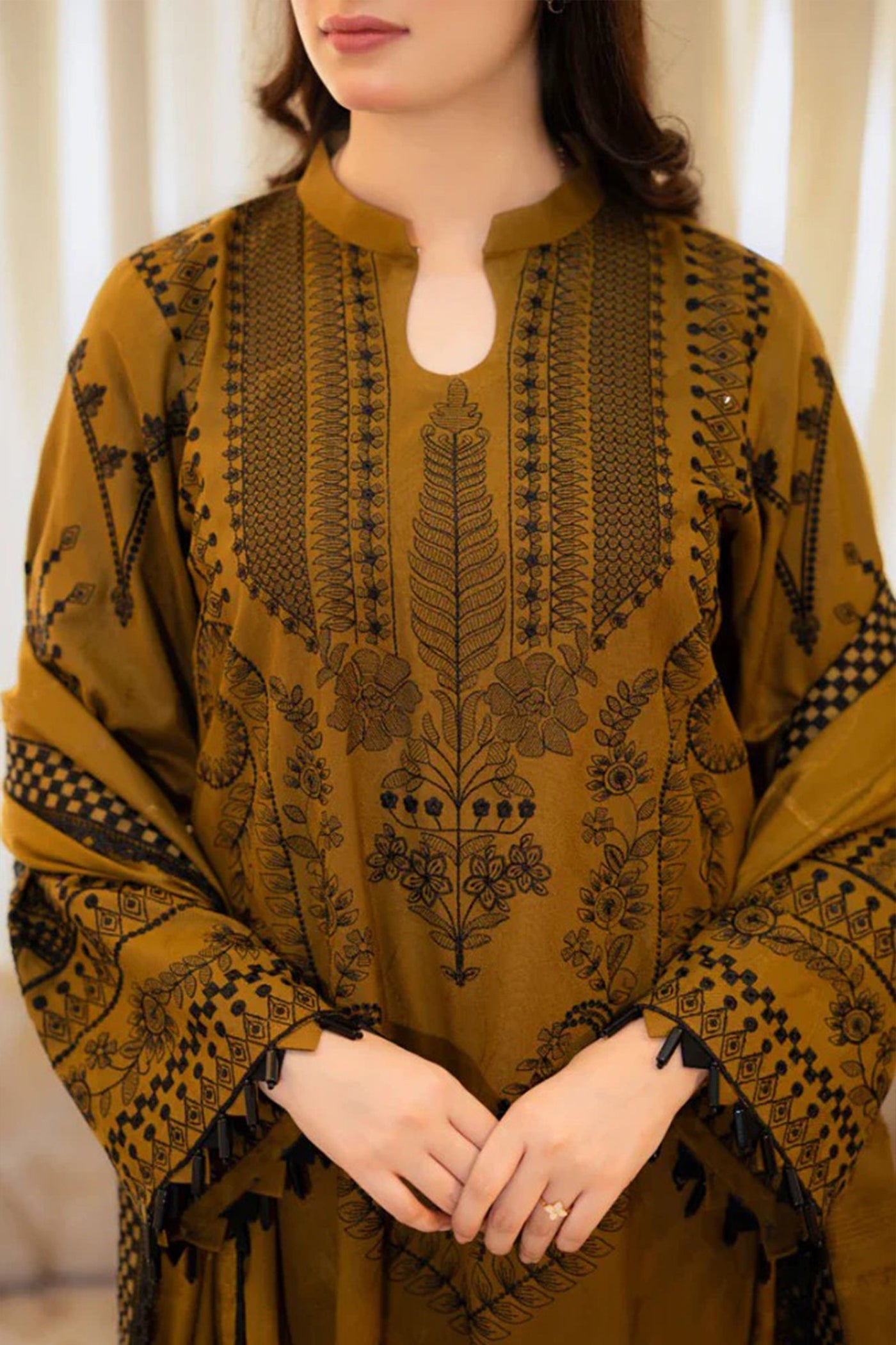QN1110-LIBAAS WINTER 3-Pc Embroidered Dhanak Suit with Heavy Embroidered Dhanak Shawll