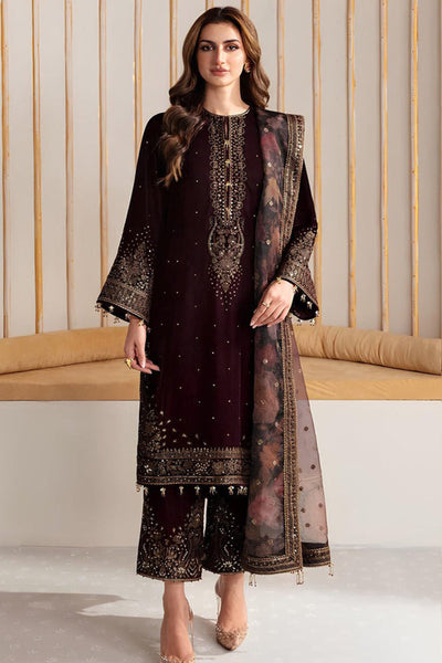 QN902-Winter Velvet Unstitched 3PCs Embroidered Dress With Organza Dupatta