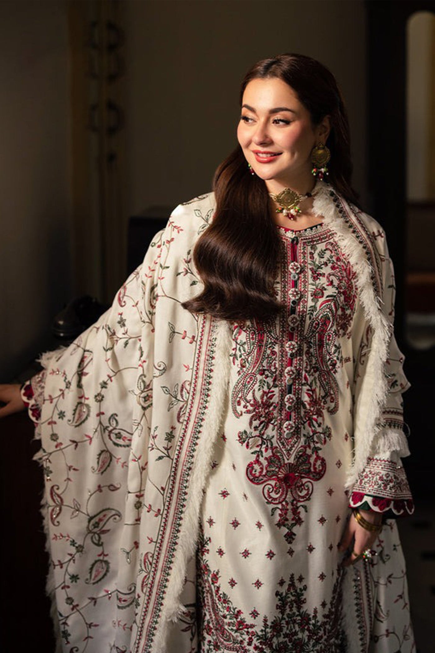 QN1120-Winter ASIM JOFA-3PC DHANAK EMBROIDERED SHIRT WITH DHANAK EMBROIDERED SHAWL