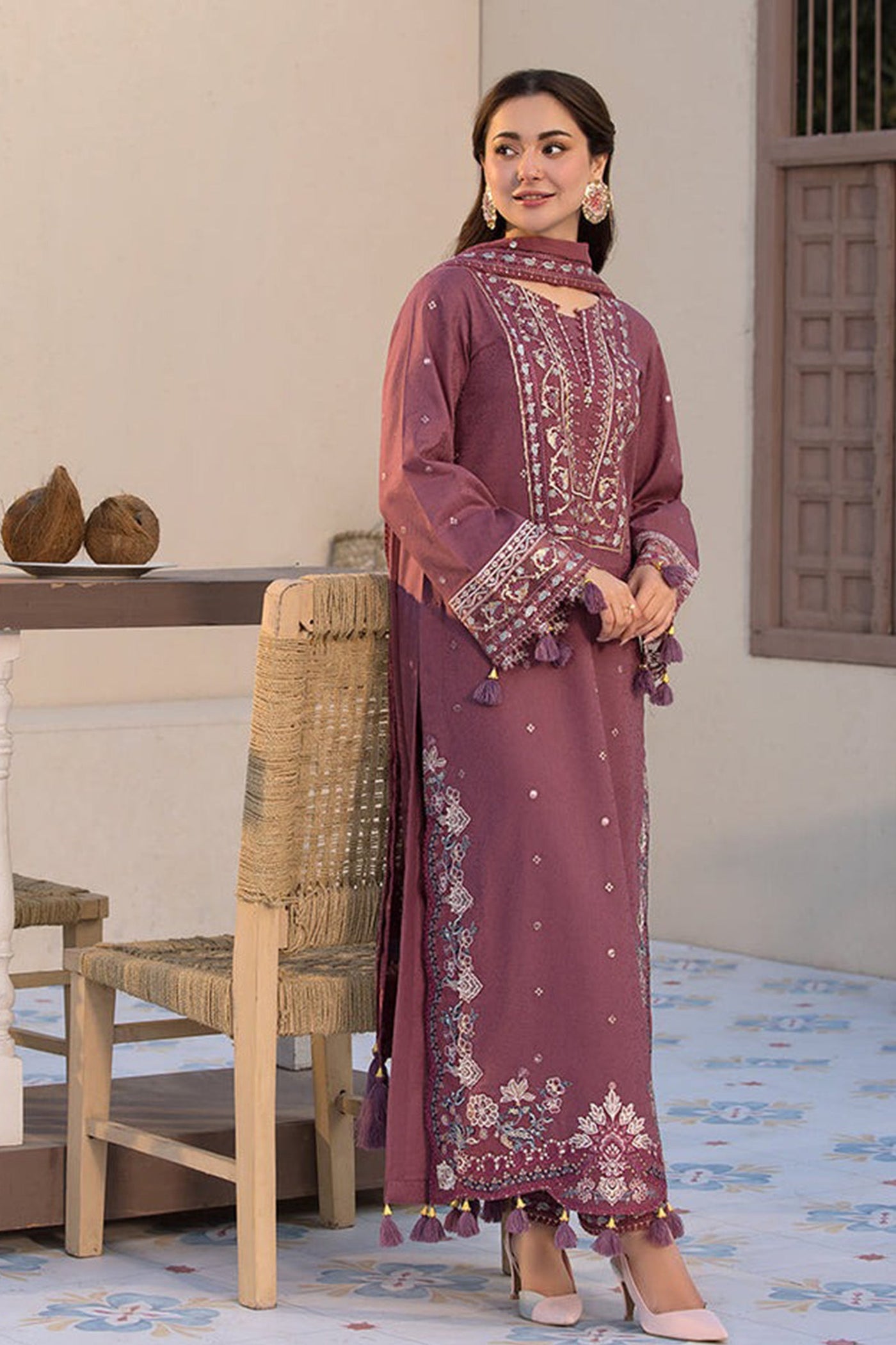QN1125-3PC DHANAK EMBROIDERED SHIRT WITH DHANAK EMBROIDERED SHAWL