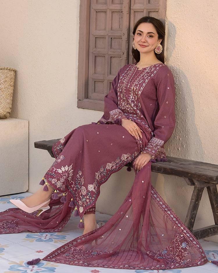 QN1125-3PC DHANAK EMBROIDERED SHIRT WITH DHANAK EMBROIDERED SHAWL