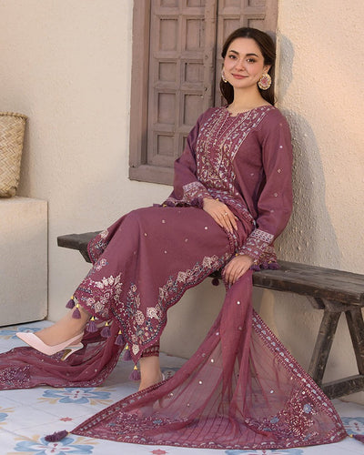 QN1125-3PC DHANAK EMBROIDERED SHIRT WITH DHANAK EMBROIDERED SHAWL