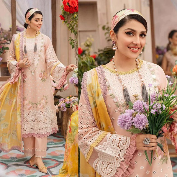 SM0003 MUSHQ 3PC Summer EMBROIDERED LAWN SUIT WITH PRINTED SILK DUPATTA
