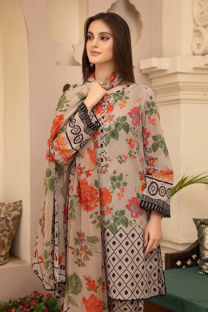 SM0020-SUMMER 3Pc Digital Printed Lawn Shirt With Printed Lawn Trouser and Daimond Dupatta