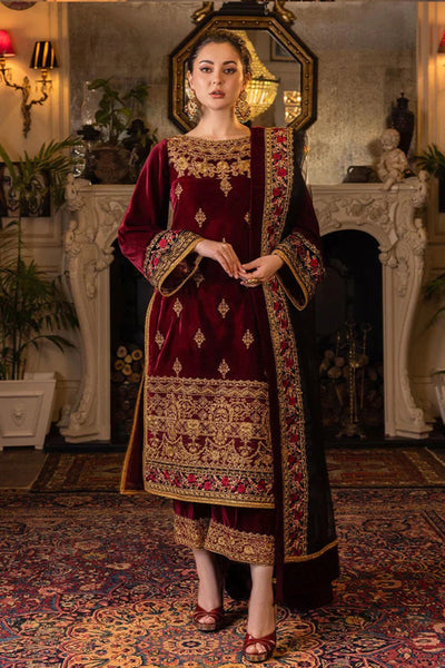 SM0006 Velvet Winter Embroidered 3 Piece Dress With Organza embroidered Dopata