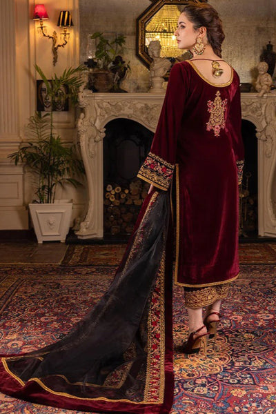 SM0006 Velvet Winter Embroidered 3 Piece Dress With Organza embroidered Dopata