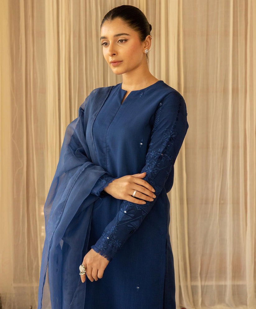 SM0024-SUMMER 3PC Lawn Embroidered Shirt With Organza Embroidered Dupatta