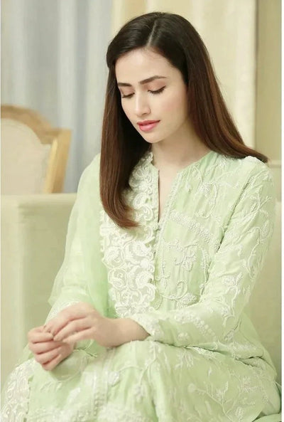 SM0011 Pista 3PC Summer Lawn Heavy Embroidered Shirt With Organza Embroidered Dupatta