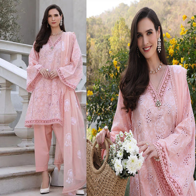 SM0049-Bareeze Embroidered Summer 3pc lawn dress with embroidered chiffon dupatta