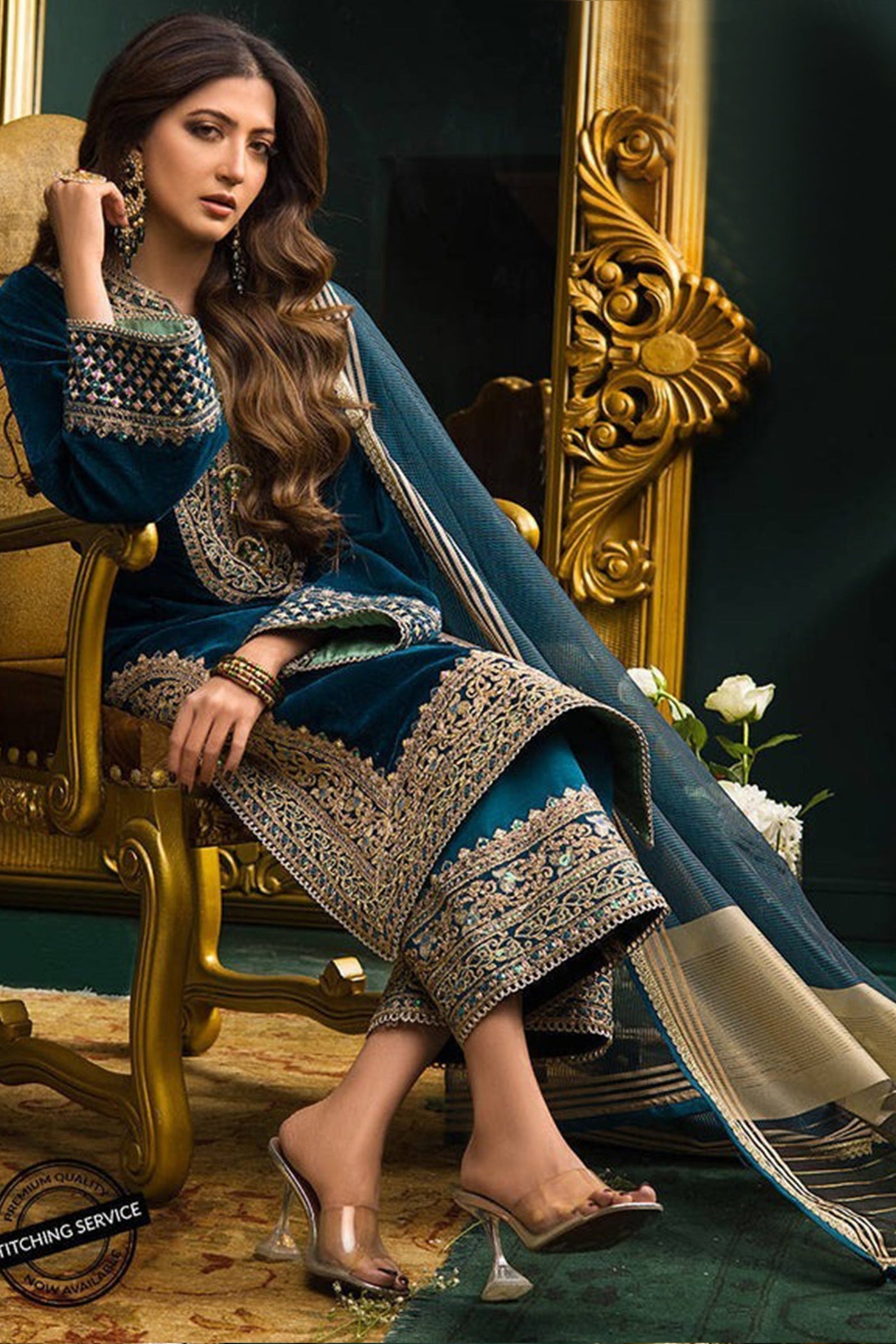 SM0007 WINTER Heavy Embroidered Velvet Dress with Silk Trouser