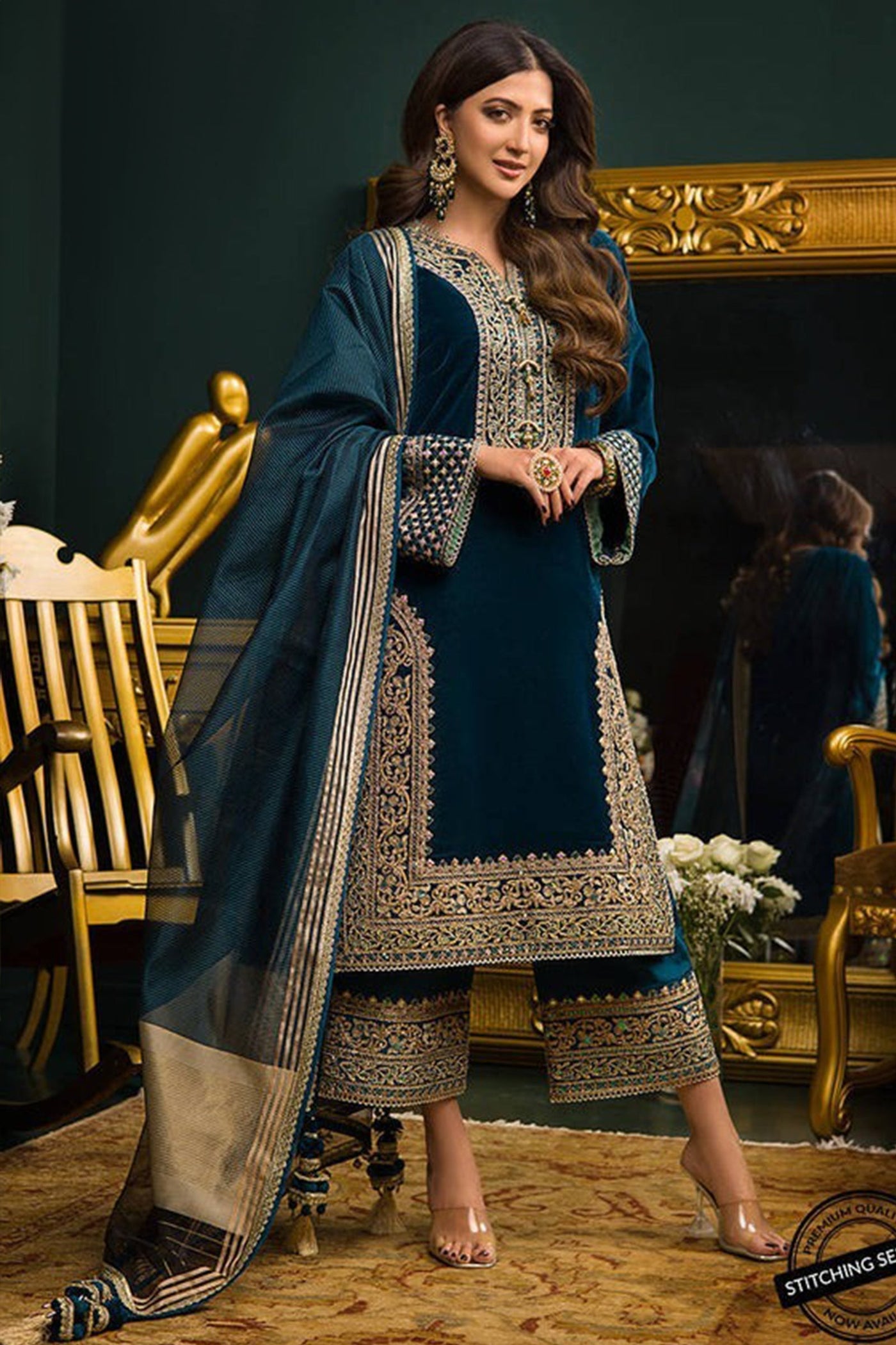 SM0007 WINTER Heavy Embroidered Velvet Dress with Silk Trouser