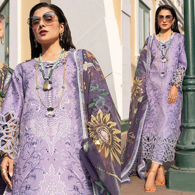 SM0027-3 Piece Unstitched Summer Heavy Embroidered Lawn Suit With Digital Printed Silk Dupatta