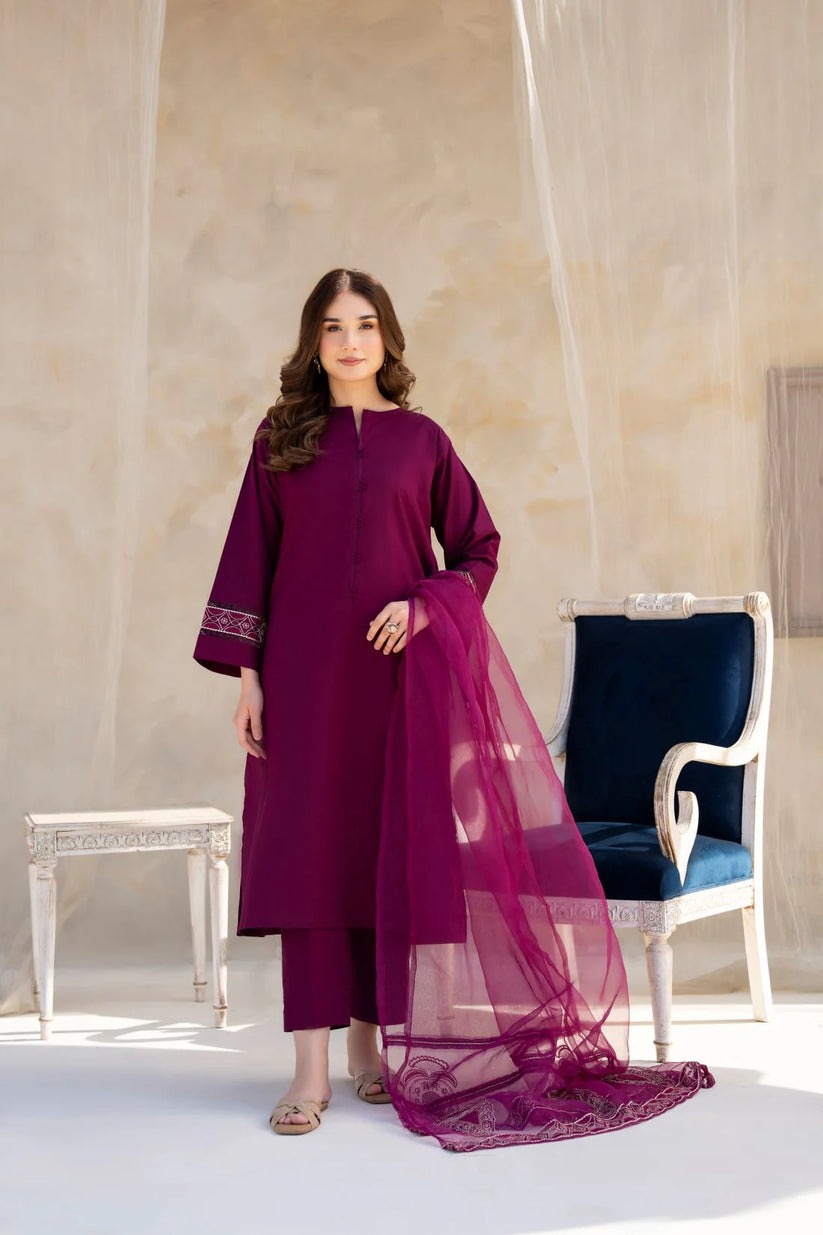 SM0019-SUMMER 3PC Lawn Embroidered Shirt With Organza Embroidered Dupatta