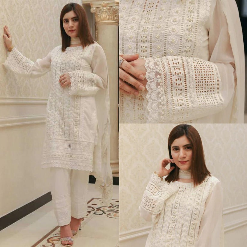 SM0028-Azra Hameed 3PC Summer Lawn Chiken Kari Embroidered Shirt with Orrganza Embroidered Dupatta and Lawn Trousers