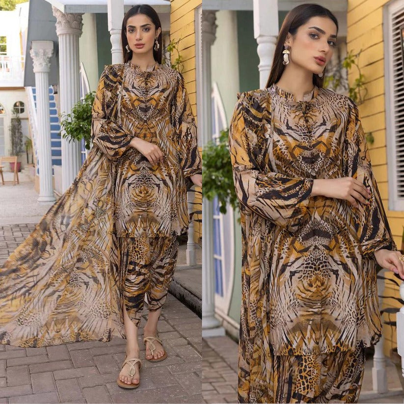 SM0031-3Pc Digital Printed Summer Lawn Shirt With Printed Lawn Trouser and Chiffon Dupatta