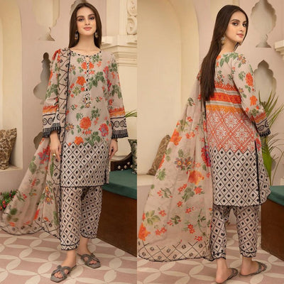 SM0020-SUMMER 3Pc Digital Printed Lawn Shirt With Printed Lawn Trouser and Daimond Dupatta