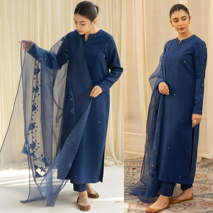 SM0024-SUMMER 3PC Lawn Embroidered Shirt With Organza Embroidered Dupatta