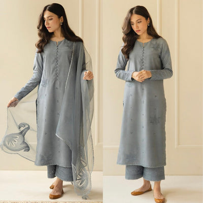 SM0025-SUMMER 3PC Lawn Embroidered Shirt With Organza Embroidered Dupatta