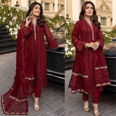 SM0033-SUMMER 3 Piece Unstitched Heavy Embroidered Summer  Lawn Suit With Heavy Embroidered Chiffon Dupatta