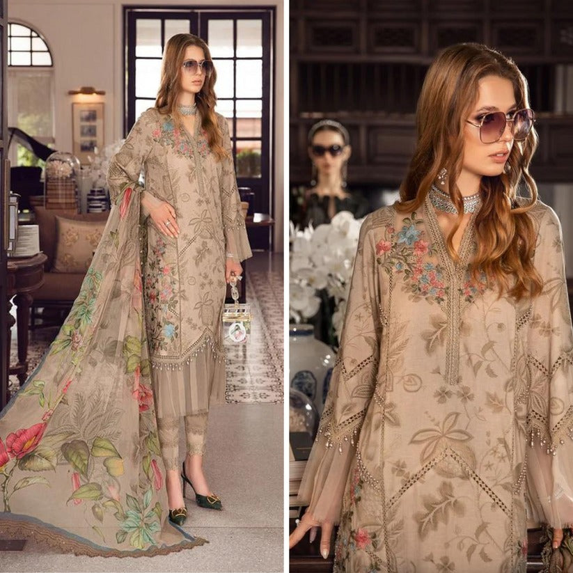 SM0034-SUMMER 3PC Lawn Embroidered Shirt With Printed Organza Dupatta