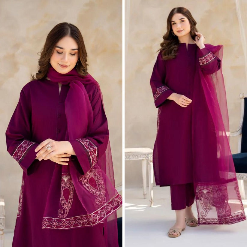 SM0019-SUMMER 3PC Lawn Embroidered Shirt With Organza Embroidered Dupatta