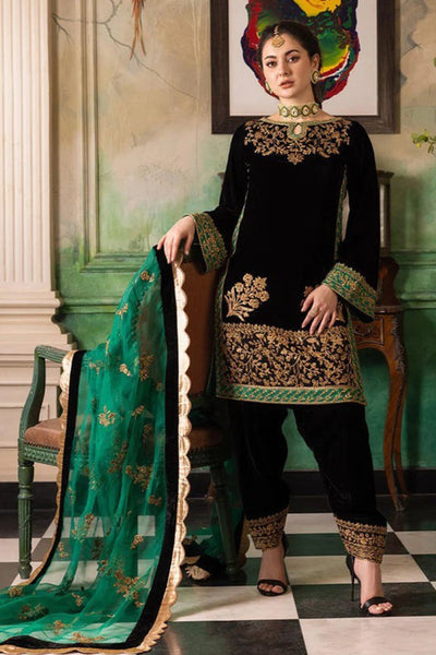 SM0001  Velvet Winter Embroidered 3 Piece Dress With Organza embroidered Dopata