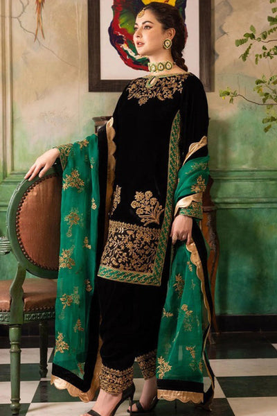 SM0001  Velvet Winter Embroidered 3 Piece Dress With Organza embroidered Dopata