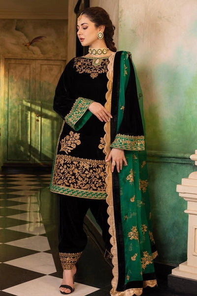 SM0001  Velvet Winter Embroidered 3 Piece Dress With Organza embroidered Dopata