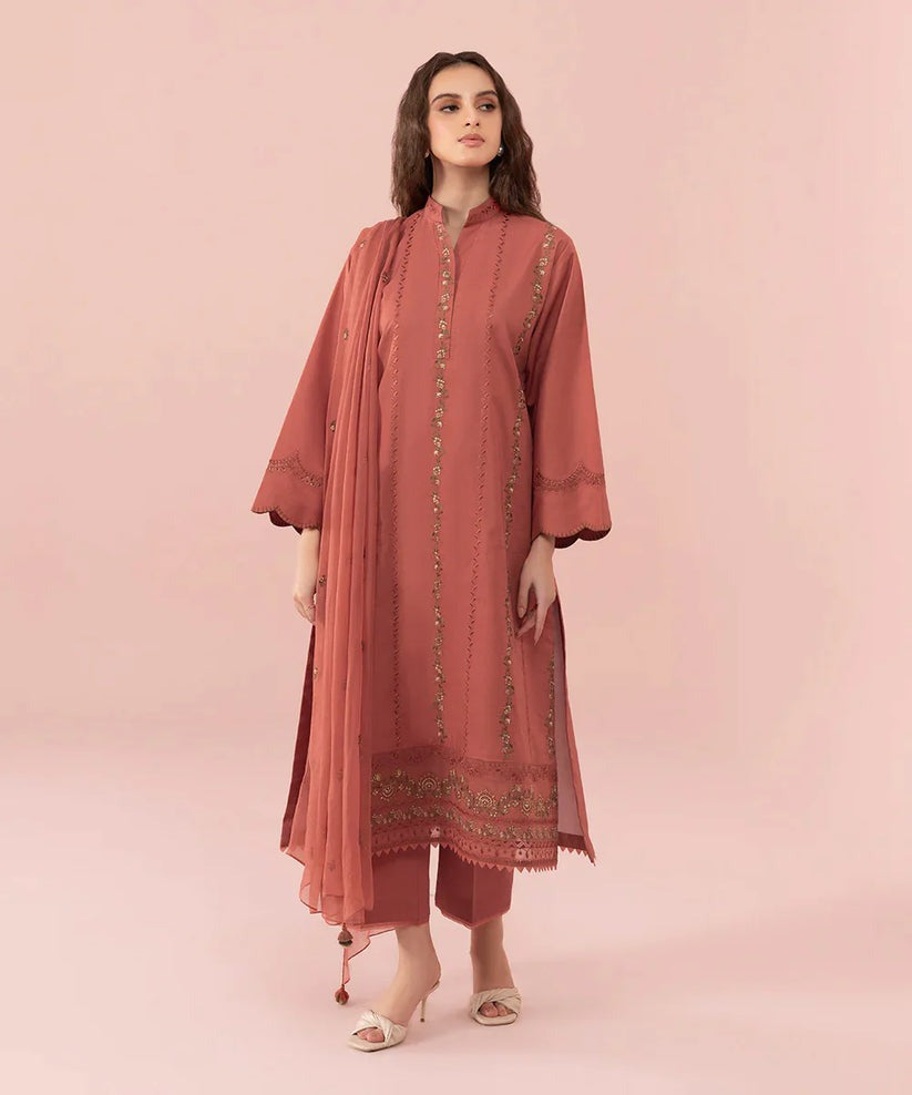 SM0018-SUMMER 3PC Lawn Embroidered Shirt With Chiffon Embroidered Dupatta
