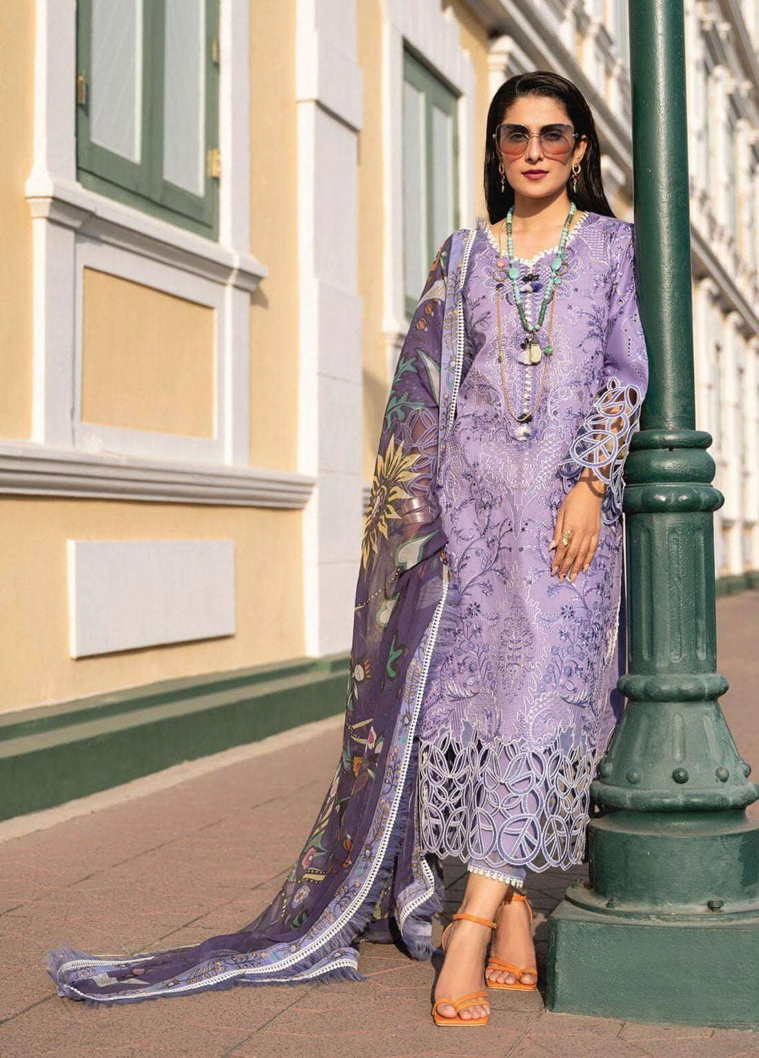 SM0027-3 Piece Unstitched Summer Heavy Embroidered Lawn Suit With Digital Printed Silk Dupatta