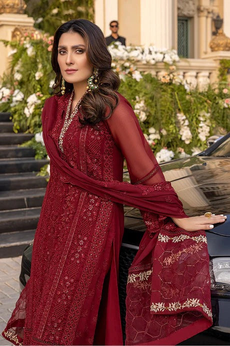 SM0033-SUMMER 3 Piece Unstitched Heavy Embroidered Summer  Lawn Suit With Heavy Embroidered Chiffon Dupatta