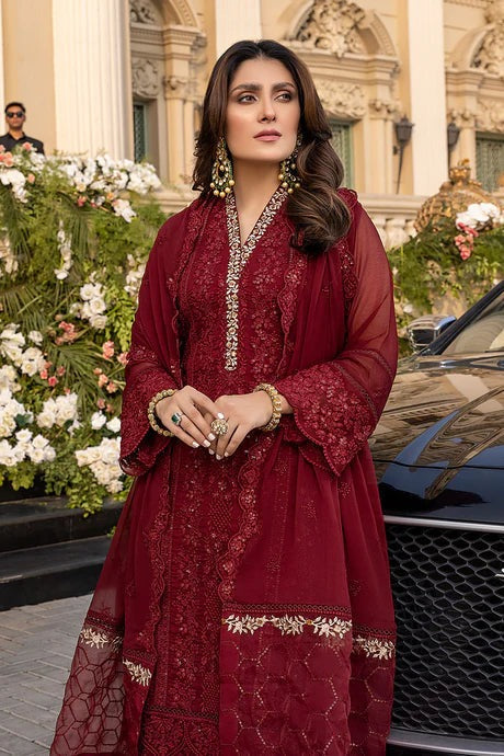 SM0033-SUMMER 3 Piece Unstitched Heavy Embroidered Summer  Lawn Suit With Heavy Embroidered Chiffon Dupatta