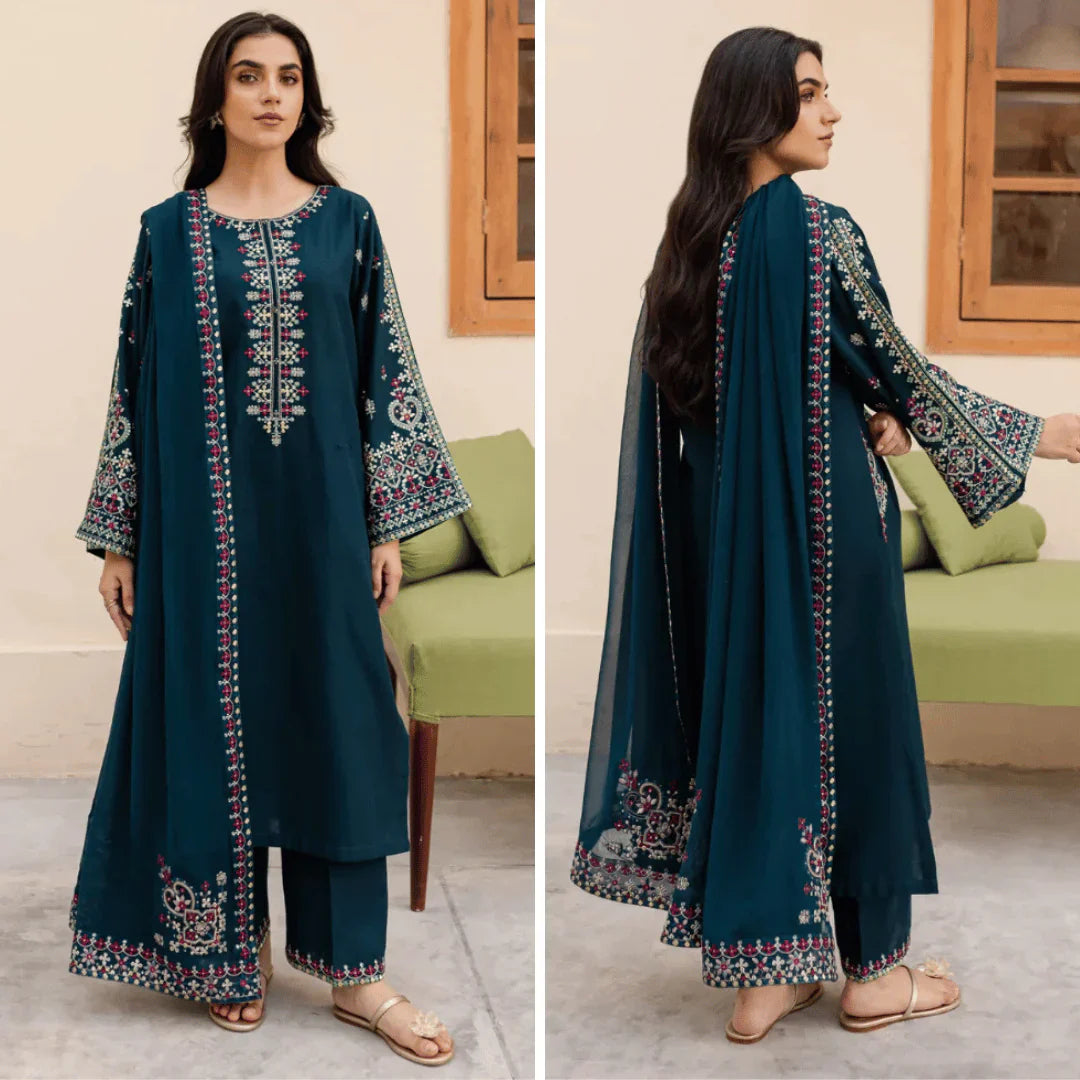 SM0036 -SUMMER Sapphire 3PC Lawn Embroidered Suit